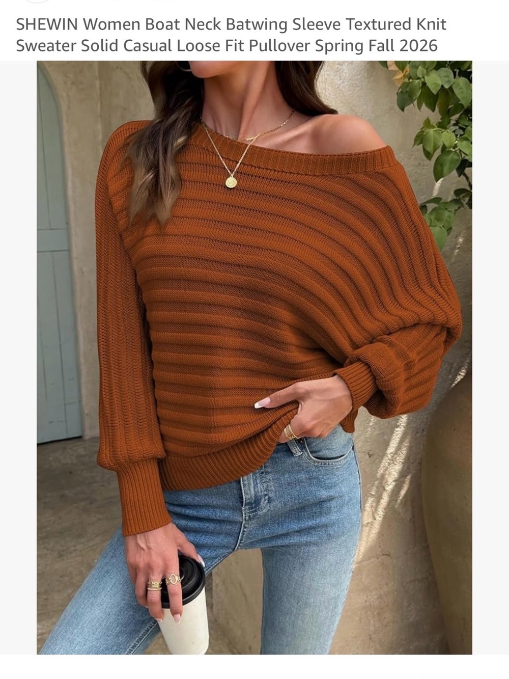 Off-Shoulder Ribbed Sweater in Rustic Brown - SHEIN
